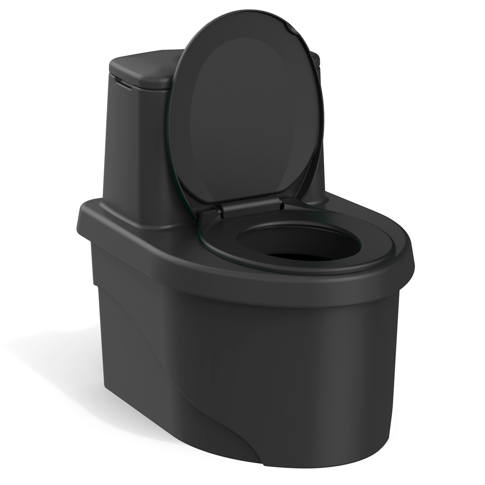 Торфяной биотуалет «РОСА» PREMIUM чёрного цвета вид спереди с открытой крышкой